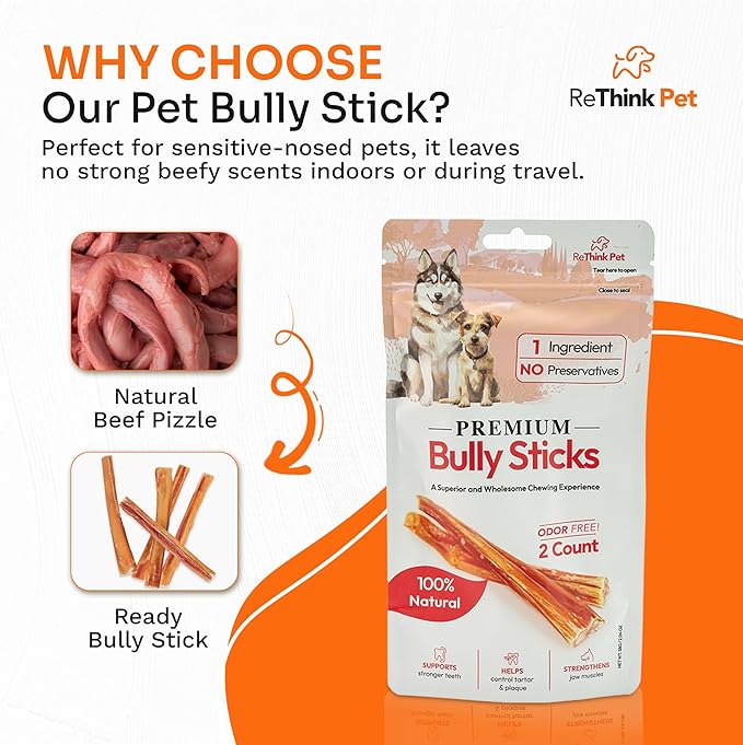 Premium Odor-Free Bully Sticks for Dogs - 2 pcs Beef Flavored Natural Dog Chews & Treats