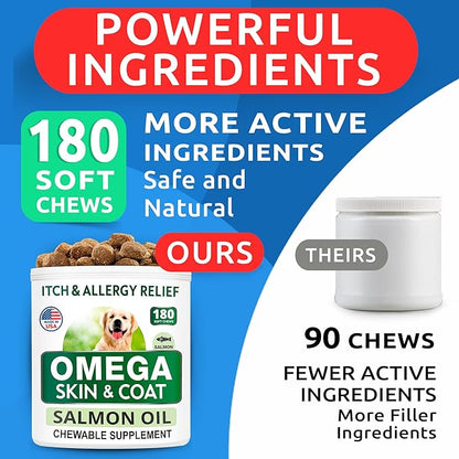 BARK&SPARK Omega 3 for Dogs - 180 Fish Oil Treats for Dog Shedding, Skin Allergy, Itch Relief, Hot Spots Treatment - Joint Health - Skin and Coat Supplement - EPA & DHA Fatty Acids - Salmon Oil