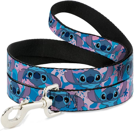 Disney Pet Leash, Dog Leash, Lilo and Stitch Stitch Flip Expressions Close Up Blues Pinks, 6 Feet Long 1.5 Inch Wide