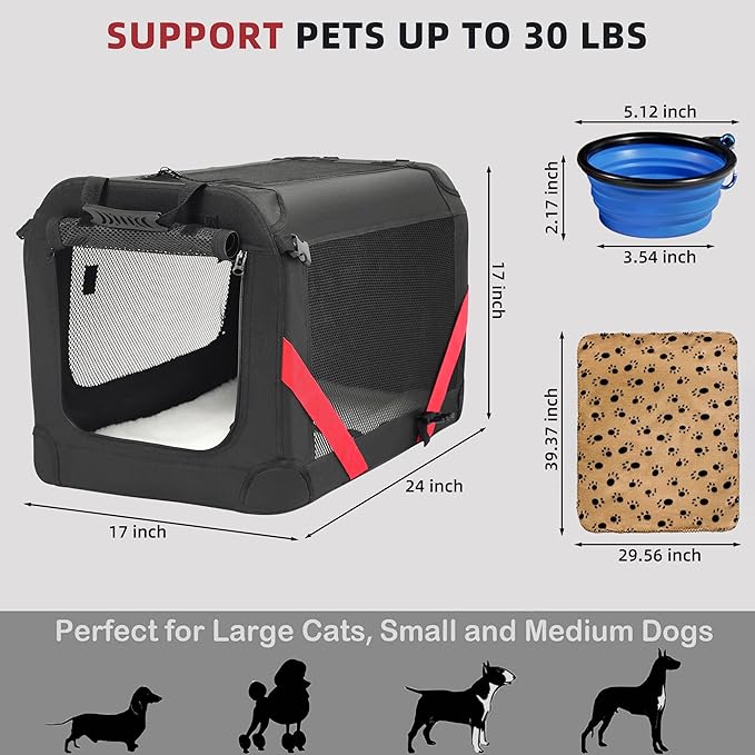 Large Cat Carrier for 2 Cats Small Medium Dogs, Soft Pet Carrier 24x17x17 for Traveling with Warm Blanket Foldable Bowl and Washable Pad