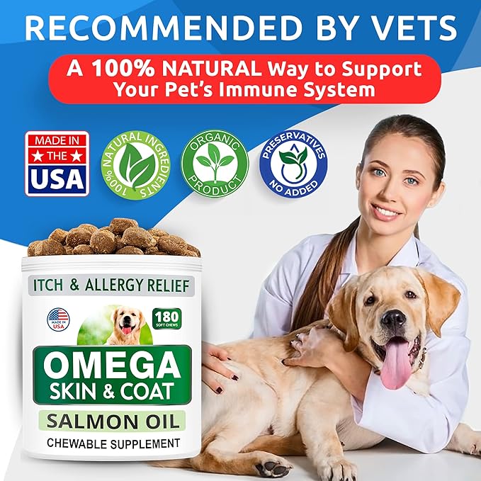 Omega 3 Dog Treats - 180 Fish Oil Chews for Shedding, Allergies, Itch Relief, Hot Spots - Joint Support - Skin & Coat - EPA & DHA - Natural Salmon Oil