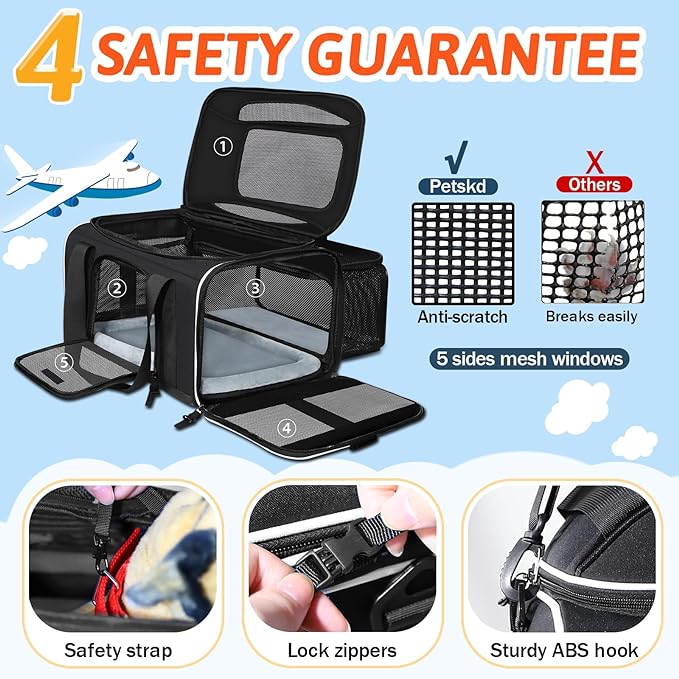 Top and Side Expandable Pet Carrier 17x12x8.5 Inches JetBlue Frontier Spirit Airline Approved, Soft-Sided Carrier for Small Cats and Dogs with Locking Safety Zipper and Anti-Scratch Mesh(Black)