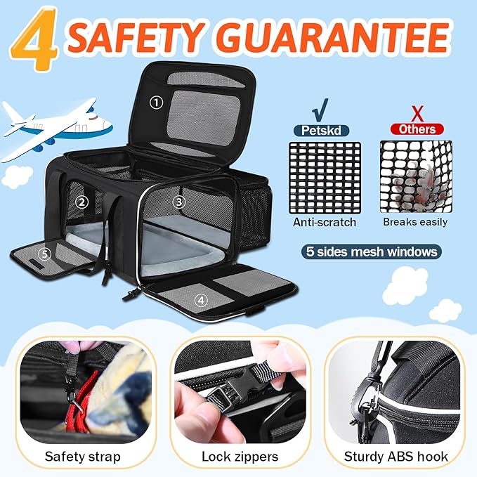 Top and Side Expandable Pet Carrier 17x11x9.5 Inches Alaska Airline Approved, Soft-Sided Carrier for Small Cats and Dogs with Locking Safety Zippers and Anti-Scratch Mesh(Black)
