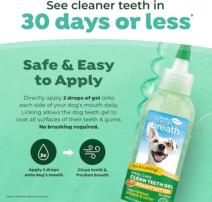 TropiClean No Brushing Gel Peanut Butter Flavor | No More Dog Toothpaste and Toothbrush | Dog Breath Spray | Breath Gel for Dogs | Dental Gel Plaque Remover | Made in the USA | 4 oz.   
