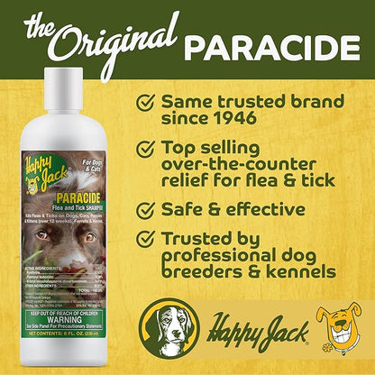 Happy Jack Paracide Flea & Tick Shampoo for Dogs, Dog Flea and Tick Treatment, Flea and Tick Prevention for Cats, 8 oz