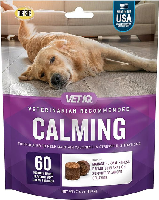 VetIQ Calming Support Supplement for Dogs, Calming Chews Help Manage Stress and Promote Relaxation, Anxiety Relief for Dogs, Made in The USA, 60 Count