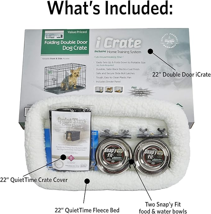 MidWest iCrate Starter Kit for X-Small Dogs - 22" Crate With Bed, Bowls & Cover For Pets Under 12 lbs
