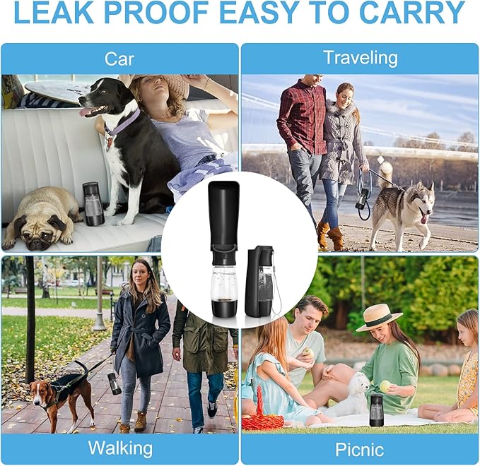 Dog Water Bottle with Food Container - Collapsible Portable Dog Water Dispenser Leak Proof Puppy Drinking Cup, Dog Travel Water Bowls Accessories for Pet Outdoor Walking Hiking (Black)