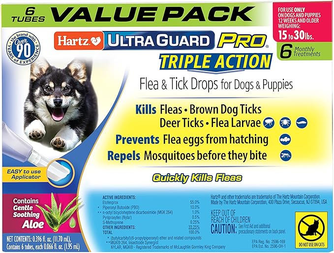 Hartz UltraGuard Pro Topical Flea & Tick Prevention for Dogs and Puppies, 15-30 lbs 6 Monthly Treatments