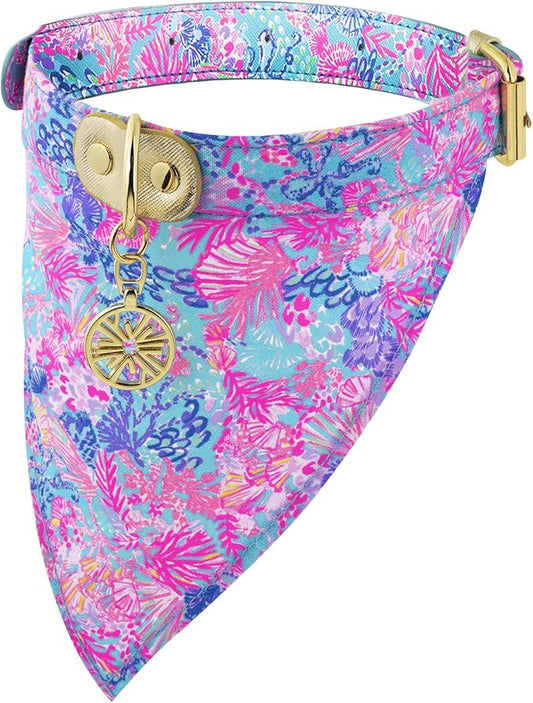 Lilly Pulitzer Adjustable Dog Bandana Collar, Cute Heavy Duty Leatherette Collar with Snap Closure and Ring for Leash/Tag, Splendor in The Sand (M/L)