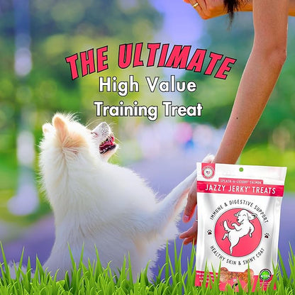 Jazzy JerkyTreats for Dogs, Splash-A-Licious Salmon with Prebiotics for Gut & Immune Health, Omega 3s & 6s for Skin & Coat Health, Made in USA, Small-Large Pet, All Life Stages, 10 oz