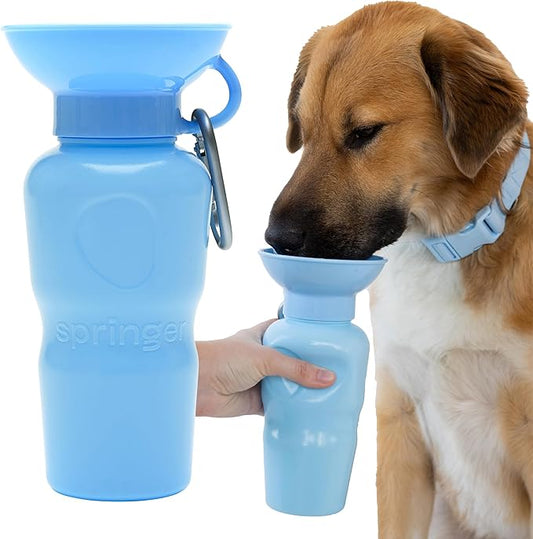Springer Dog Water Bottle | Portable Travel Water Bottle Dispenser for Dogs - As Seen on Shark Tank | Patented, Leak-Proof Bottles Fill Bowl with Water - Ideal for Walking | BPA-Free 22oz Blue