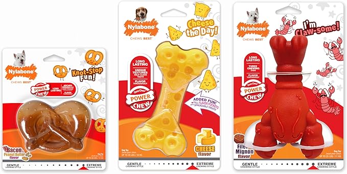 Nylabone Power Chew Dog Chew Toy Pack Bundle - Fun & Cute Dog Toys for Aggressive Chewers, Tough Dog Toys, Lobster, Cheese, and Pretzel Shapes, Small/Regular (3 Count)