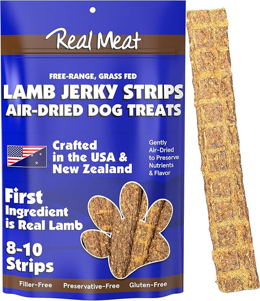 Real Meat Lamb Jerky Dog Treats - 8 Air-Dried Strips of Jerky Treats for Dogs - Grain-Free Jerky Treats Dog Snacks Made up of 95% Human-Grade Free-Range Grass Fed Lamb - All-Natural Dog Jerky Strips