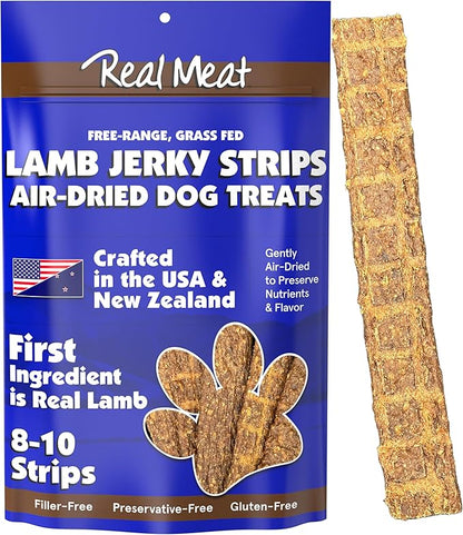 Real Meat Lamb Jerky Dog Treats - 8 Air-Dried Strips of Jerky Treats for Dogs - Grain-Free Jerky Treats Dog Snacks Made up of 95% Human-Grade Free-Range Grass Fed Lamb - All-Natural Dog Jerky Strips