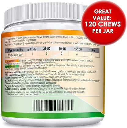 Hemp Hip & Joint Supplement for Dogs - Made in USA - Glucosamine - MSM - Turmeric - Hemp Seed Oil Infused Treats - Natural Joint Pain Relief & Mobility - 120 Soft Chews
