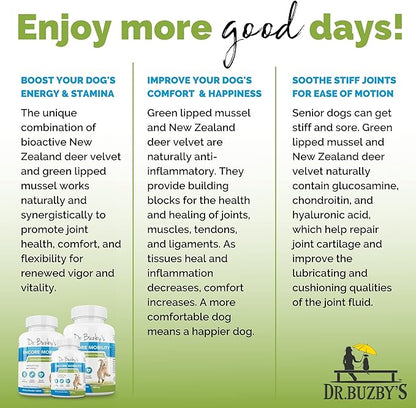 Dr. Buzby’s Encore Mobility Hip & Joint Supplement for Senior Dogs, 90 Chewable Tablets, Natural New Zealand Deer Velvet and Green Lipped Mussel, Pet Pain Relief