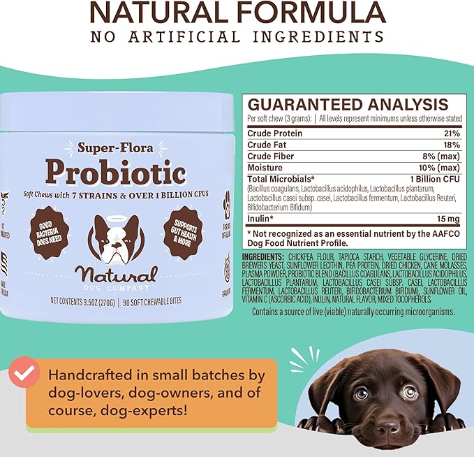 Natural Dog Company Probiotic Chews for Dogs (90 Bites), Chicken Flavor, Helps with Digestion & Gut Health Supports Immune System, Probiotics Supplement for Dogs of All Ages, Sizes & Breeds.