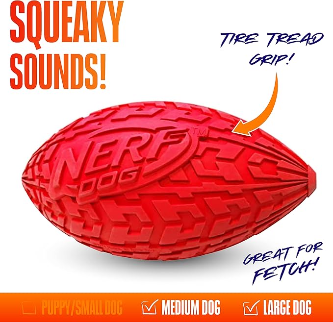 Nerf Dog Tire Football Dog Toy with Interactive Squeaker, Lightweight, Durable and Water Resistant, 6 Inch Diameter for Medium/Large Breeds, Single Unit, Red