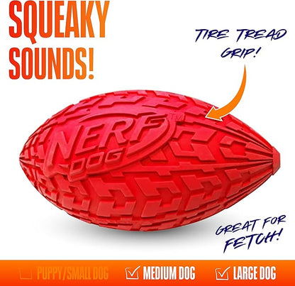 Nerf Dog Tire Football Dog Toy with Interactive Squeaker, Lightweight, Durable and Water Resistant, 6 Inch Diameter for Medium/Large Breeds, Single Unit, Red