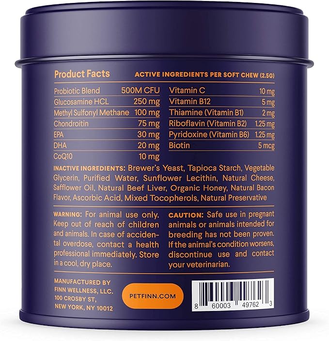 Finn All-in-1 Dog Multivitamin - Everyday Multivitamin Supplement for Dogs with Probiotics, Omega-3s, Glucosamine | Gut & Immune Health, Joint Support, Heart Health | 90 Soft Chews