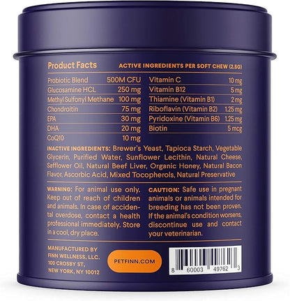 Finn All-in-1 Dog Multivitamin - Everyday Multivitamin Supplement for Dogs with Probiotics, Omega-3s, Glucosamine | Gut & Immune Health, Joint Support, Heart Health | 90 Soft Chews