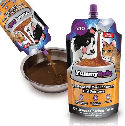 YummyRade – Pet Meal Topper for Dry Dog Food & Cat Food | Healthier Gravy Meal Enhancer & Tasty Low Calorie | Grain Free, Chicken Flavored | Flavor-Boosting Gravy Topper Pets Love! | (250ml x 10)