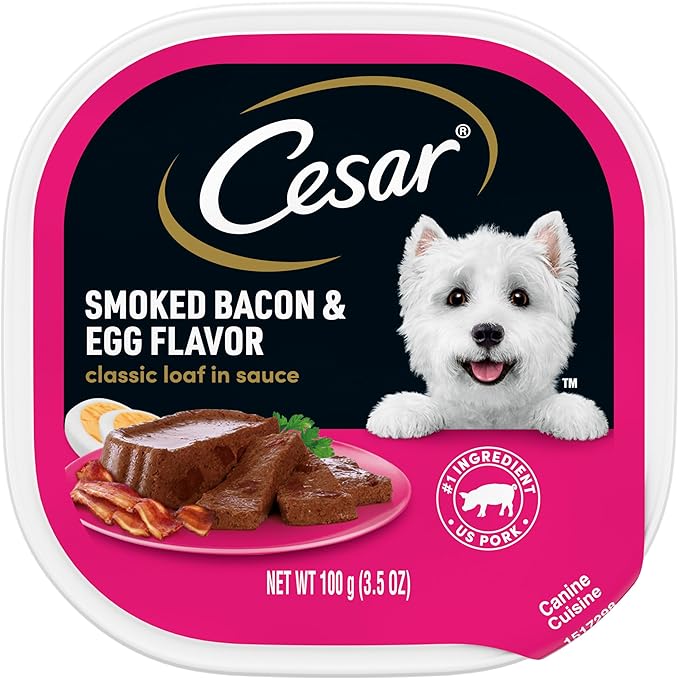 CESAR Adult Wet Dog Food Classic Loaf in Sauce Smoked Bacon & Egg Flavor, 3.5 oz. Easy Peel Trays, Pack of 24