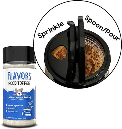 Flavors Food Topper for Dogs, Delicious Seasoning for Dog Food, Natural, Grain-Free Kibble Seasoning and Treat Mix for Picky Dogs and Puppies, White Cheddar Recipe, 3.1-Ounce