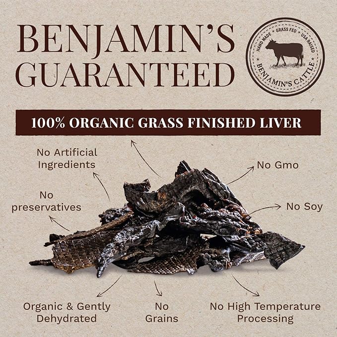 Benjamin's Cattle Single Ingredient - Organic Grass FED & Finished Beef Liver Dog Treats - Hand Made Artisan Dog Treats - Healty Dog Chews - Treats for Dogs Made in USA - Beef Jerky Dog Treat – 5oz