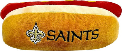 Pets First NFL New Orleans Saints HOT Dog Plush Dog & CAT Squeak Toy - Cutest HOT-Dog Snack Plush Toy for Dogs & Cats with Inner Squeaker & Beautiful Football Team Name/Logo 8 x 5 x 3 Inches