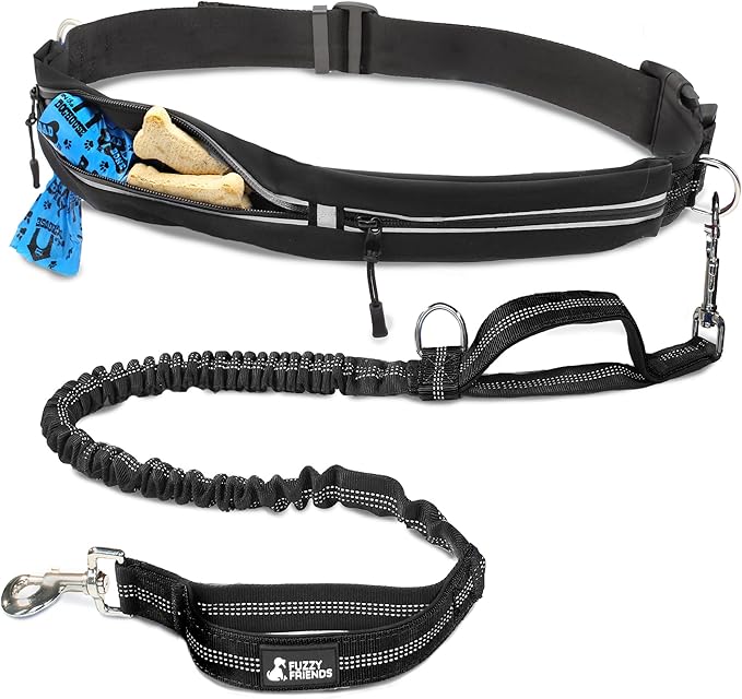 Hands Free Dog Leash for Smooth, Controlled Running or Walking with Your Pup - Comfortable Waist Leash Belt - 2 Convenient Pouches - Padded Handles and a Tough Bungee