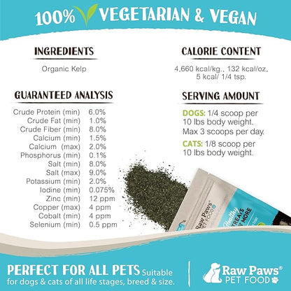 Raw Paws Organic Kelp for Dogs & Cats, 8-oz - Iodine Rich for Thyroid, Digestive & Immune Health - Seaweed Powder for Dogs, Sea Kelp for Cats, Kelp Supplement for Dogs, Dried Kelp Powder for Dogs