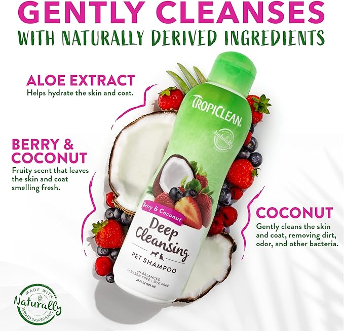 TropiClean Berry & Coconut Deep Cleansing Dog Shampoo | Deodorizing Natural Pet Shampoo Derived from Natural Ingredients | Cat Friendly | Made in the USA | 20 oz.