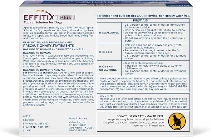 Effitix Plus Topical Solution for Dogs - Flea and Tick for Medium Dogs (23-44.9lbs), 3 Doses, Waterproof Topical Prevention (by Virbac)