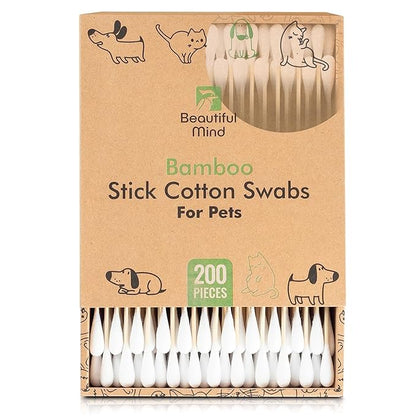 Cotton Swabs for PETS - Long 6'' Bamboo Sticks & Medium Large 0.35" Cotton Tips - Biodegradable, Eco-Friendly & Double Tipped - Pack of 200 (Drawer Box)