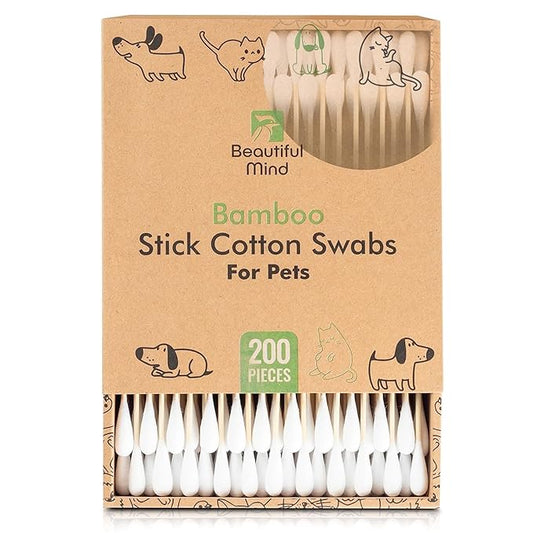 Cotton Swabs for PETS - Long 6'' Bamboo Sticks & Medium Large 0.35" Cotton Tips - Biodegradable, Eco-Friendly & Double Tipped - Pack of 200 (Drawer Box)