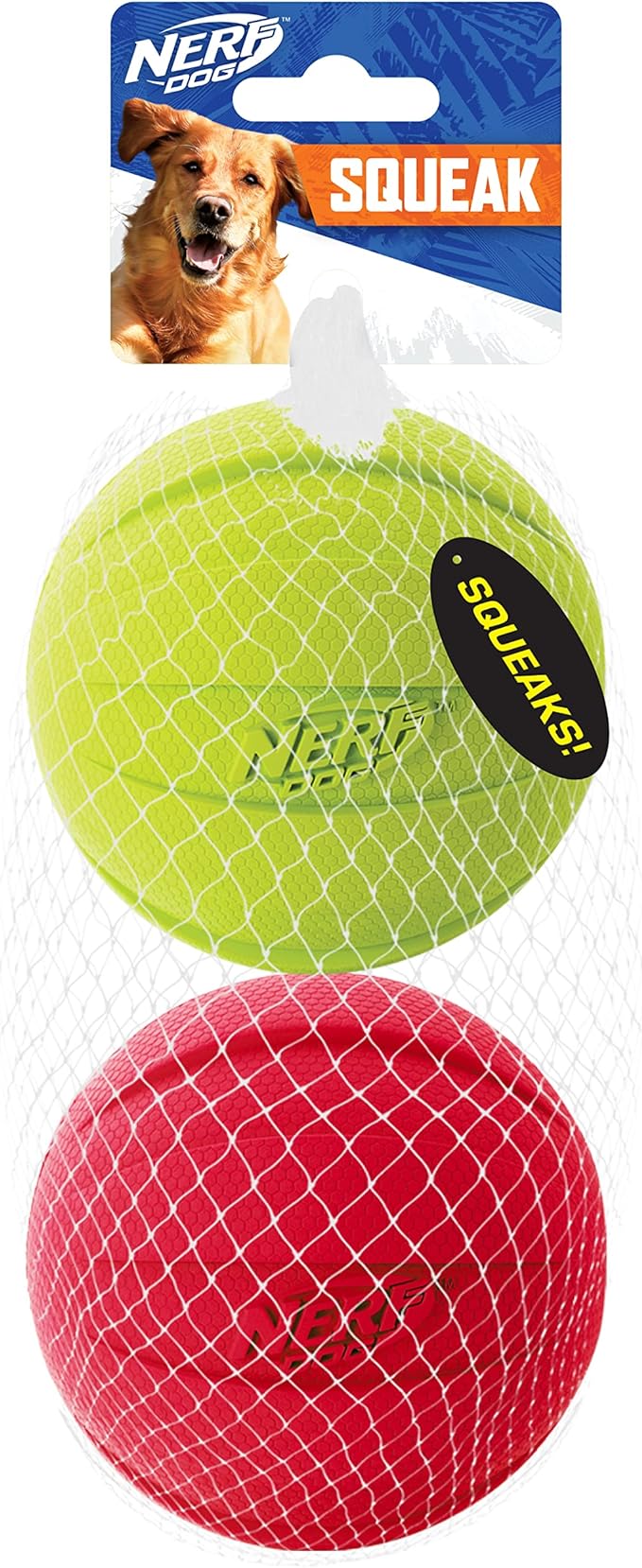 Nerf Dog Classic Ball Dog Toy with Interactive Squeaker, Lightweight, Durable and Water Resistant, 3.8 Inches, for Medium/Large Breeds, Two Pack, Green and Red