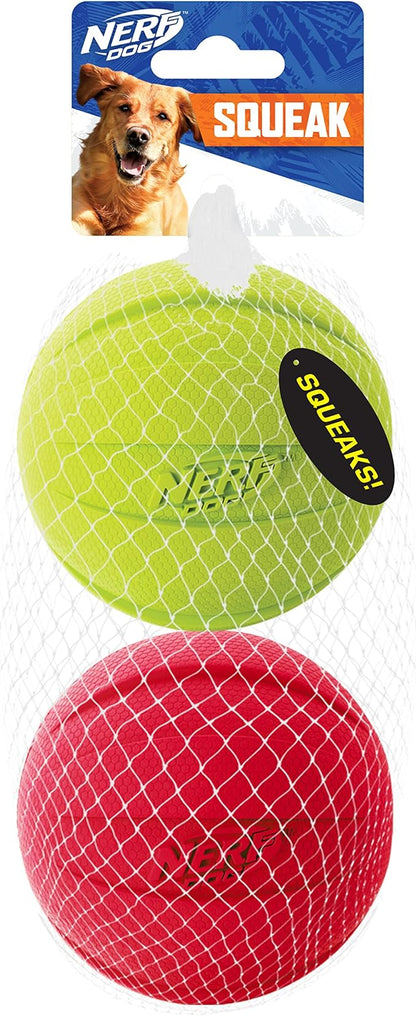 Nerf Dog Classic Ball Dog Toy with Interactive Squeaker, Lightweight, Durable and Water Resistant, 3.8 Inches, for Medium/Large Breeds, Two Pack, Green and Red