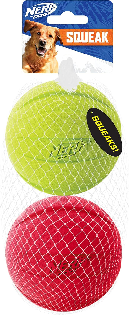 Nerf Dog Classic Ball Dog Toy with Interactive Squeaker, Lightweight, Durable and Water Resistant, 3.8 Inches, for Medium/Large Breeds, Two Pack, Green and Red