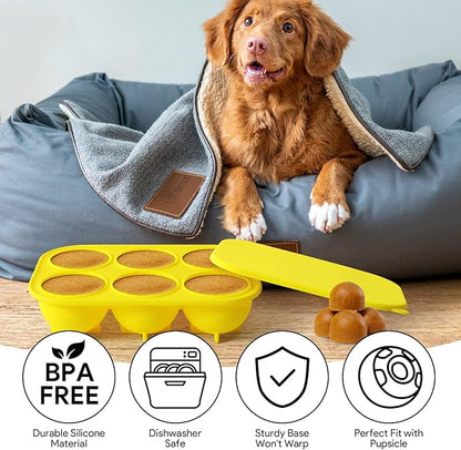 6 Cavities Dog Treat Molds with Lid Compatible with Woof Pupsicle and Power Chewer Pupsicle, Silicone Molds for Dog Frozen Treats, Reusable Tray for Making Refill Treats for Pupsicle Toy (2Pcs)