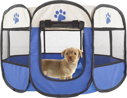 Pop-Up Pet Playpen - 26-Inch Indoor and Outdoor Dog Kennel with Carrying Bag - Portable Pet Enclosure for Dogs and Small Animals by PETMAKER (Blue)