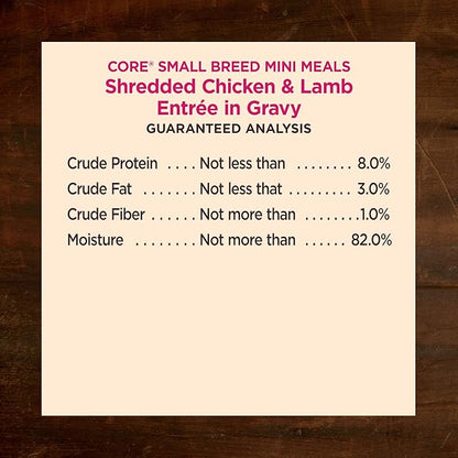 Wellness CORE Natural Grain Free Small Breed Mini Meals Wet Dog Food, Shredded Chicken & Lamb Entrée in Gravy, 3-Ounce Pouch (Pack of 12)