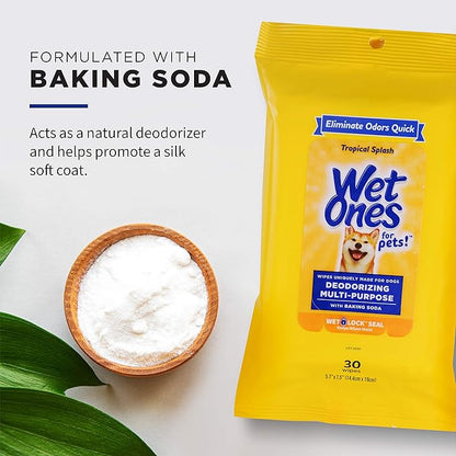 Wet Ones for Pets Deodorizing Multi-Purpose Dog Wipes With Baking Soda | Dog Deodorizing Wipes For All Dogs in Tropical Splash Scent, Wet Ones Wipes with Wet Lock Seal | 30 Ct Pouch Dog Wipes 1 Pack