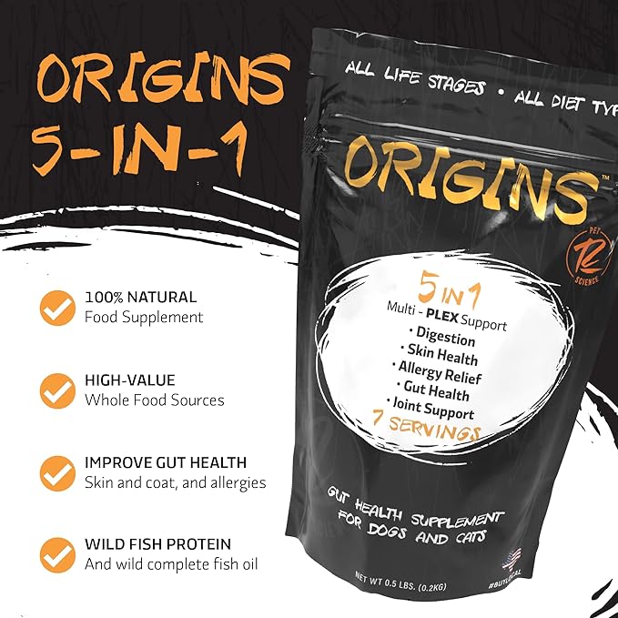 Origins 5-in-1 Dog Supplement - Powdered Food Topper w/Natural Omega 3 Fish Oil - Supports Healthy Digestion, Skin, and Coat - Helps Reduce Itching & Joint Inflammation (1/2 lb)