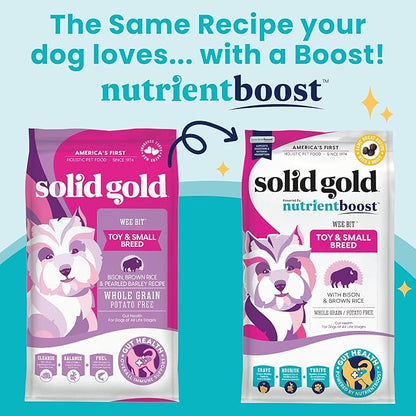 Solid Gold Small Breed Dog Food - Nutrientboost Wee Bit Whole Grain Made w/Real Bison, Brown Rice, & Pearled Barley - High Fiber, Probiotic Dry Dog Food for Dogs with Sensitive Stomachs - 11 LB