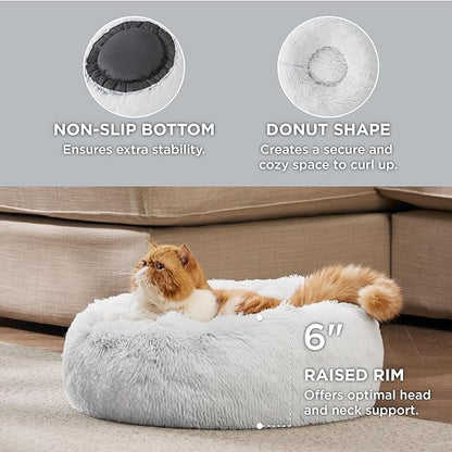Bedsure Calming Cat Beds for Indoor Cats - Small Cat Bed Washable 20 inches, Anti Anxiety Round Fluffy Plush Faux Fur Pet Bed, Fits up to 15 lbs Pets, Frost Grey
