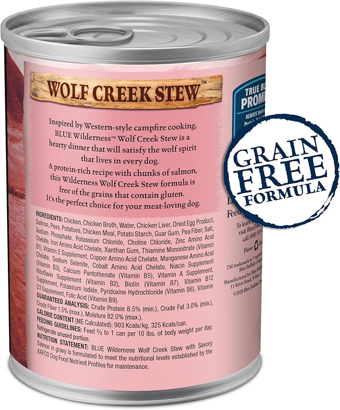 Blue Buffalo Wilderness Wolf Creek Stew High Protein, Natural Wet Dog Food, Savory Salmon Stew in gravy 12.5-oz cans (Pack of 12)