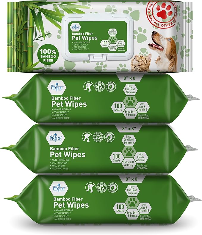 MED PRIDE Pet Wipes XL [4 Packs = 400 Wipes] 8”x8” - 100% Bamboo Fiber Hypoallergenic Dog and Cat Cleaning Wipes with Aloe Vera- Alcohol and Paraben-Free Deodorizing Pet Wipes- Dog/Puppy Bath Wipes