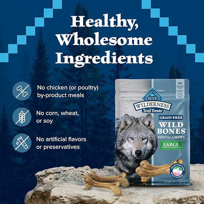 Blue Buffalo Wilderness Trail Treats Wild Bones Large Dental Chews, Grain-Free Dog Bones For Large Dogs Made with Natural Ingredients, 10-oz. Bag